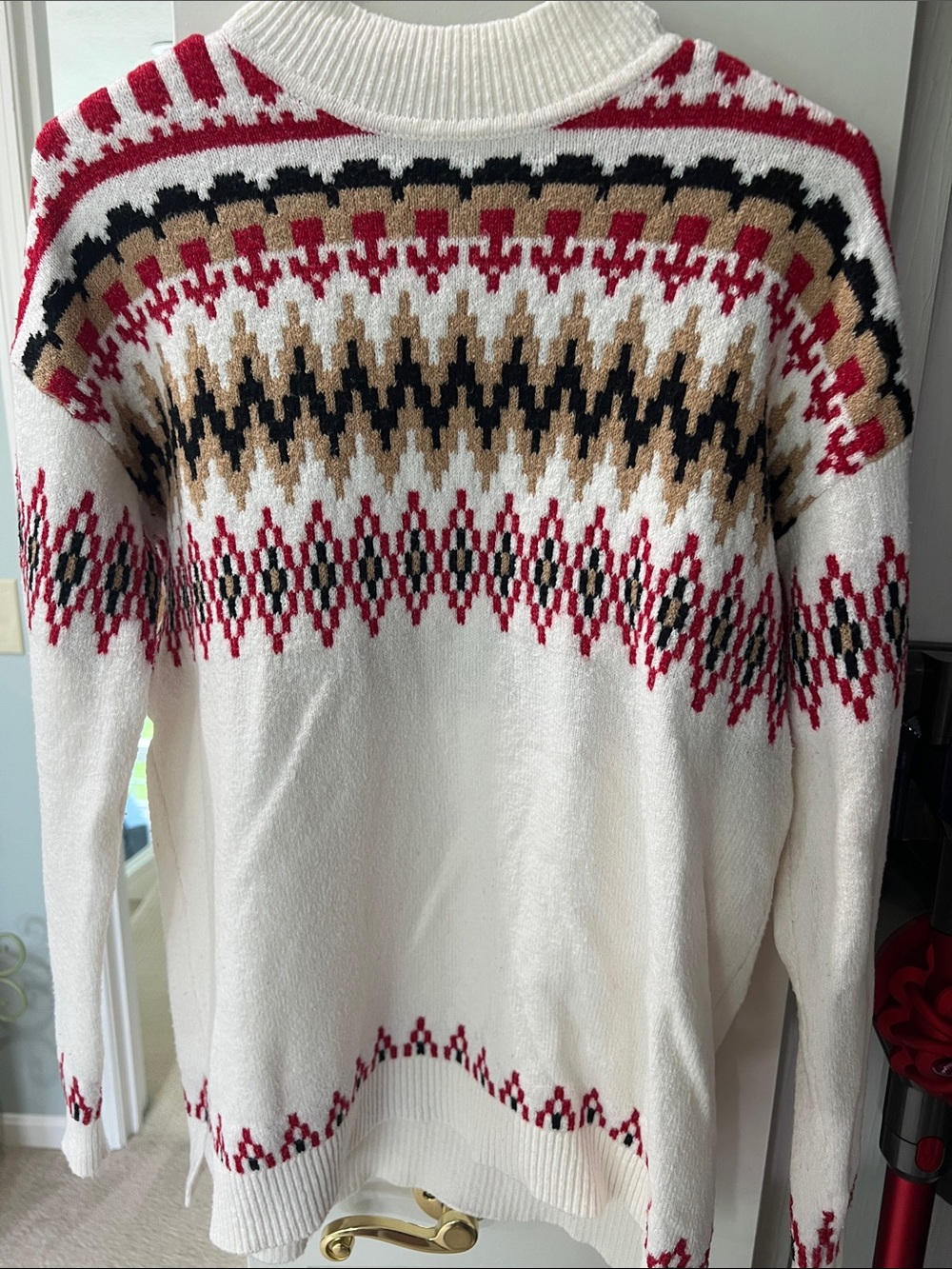 LOFT Cream Crewneck Sweater with Red, Black, and Brown Fair Isle Pattern